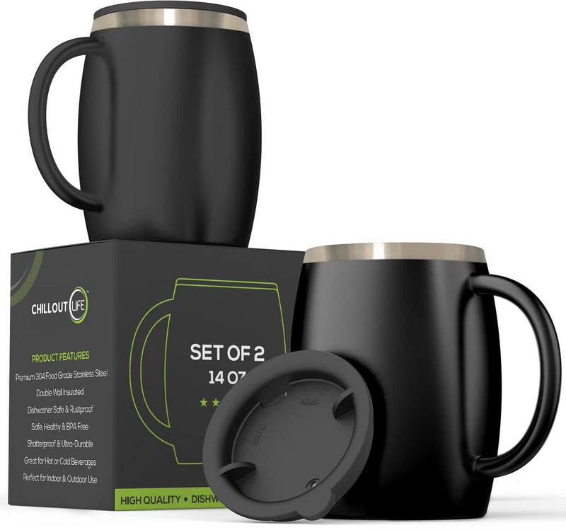 CHILLOUT LIFE Stainless Steel Insulated Coffee Mugs Set of 2 (14 oz) - Double Wall Coffee Cups With Spill Resistant Lid & Strong Handle, Shatterproof Cups for Cold Drinks, Hot Beverages - Image 1